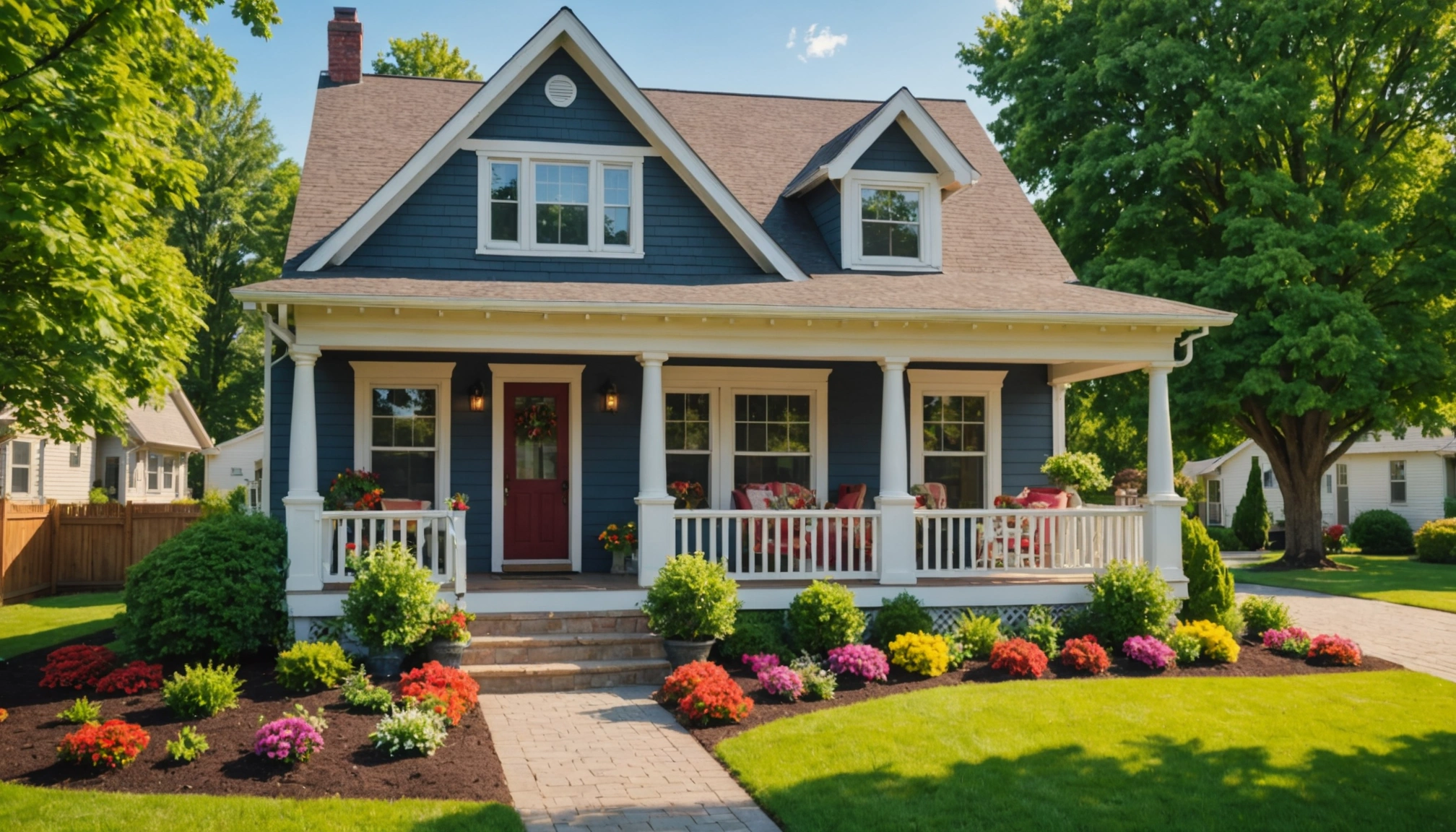Close-up view of a cozy home with a welcoming front porch and vibrant landscaping