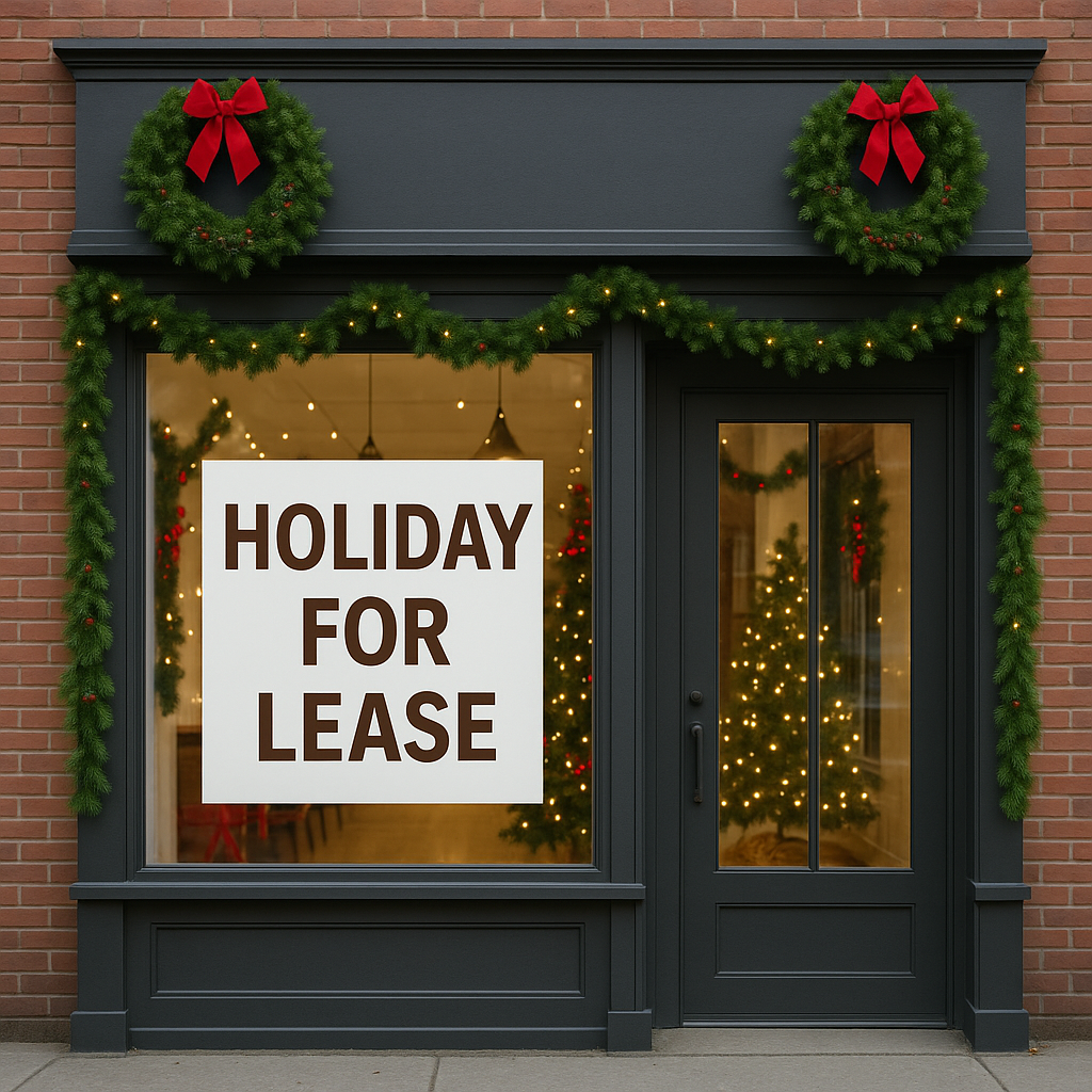 Shopfront with holiday decorations, wreaths, and garlands. A 