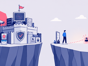 Castle with cybersecurity icons on left cliff, man on right cliff facing a red alert. Blue and red color scheme, digital conflict theme.