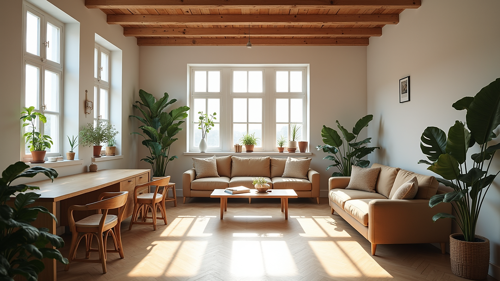 Wide angle view of a serene workshop space with comfortable seating and natural light