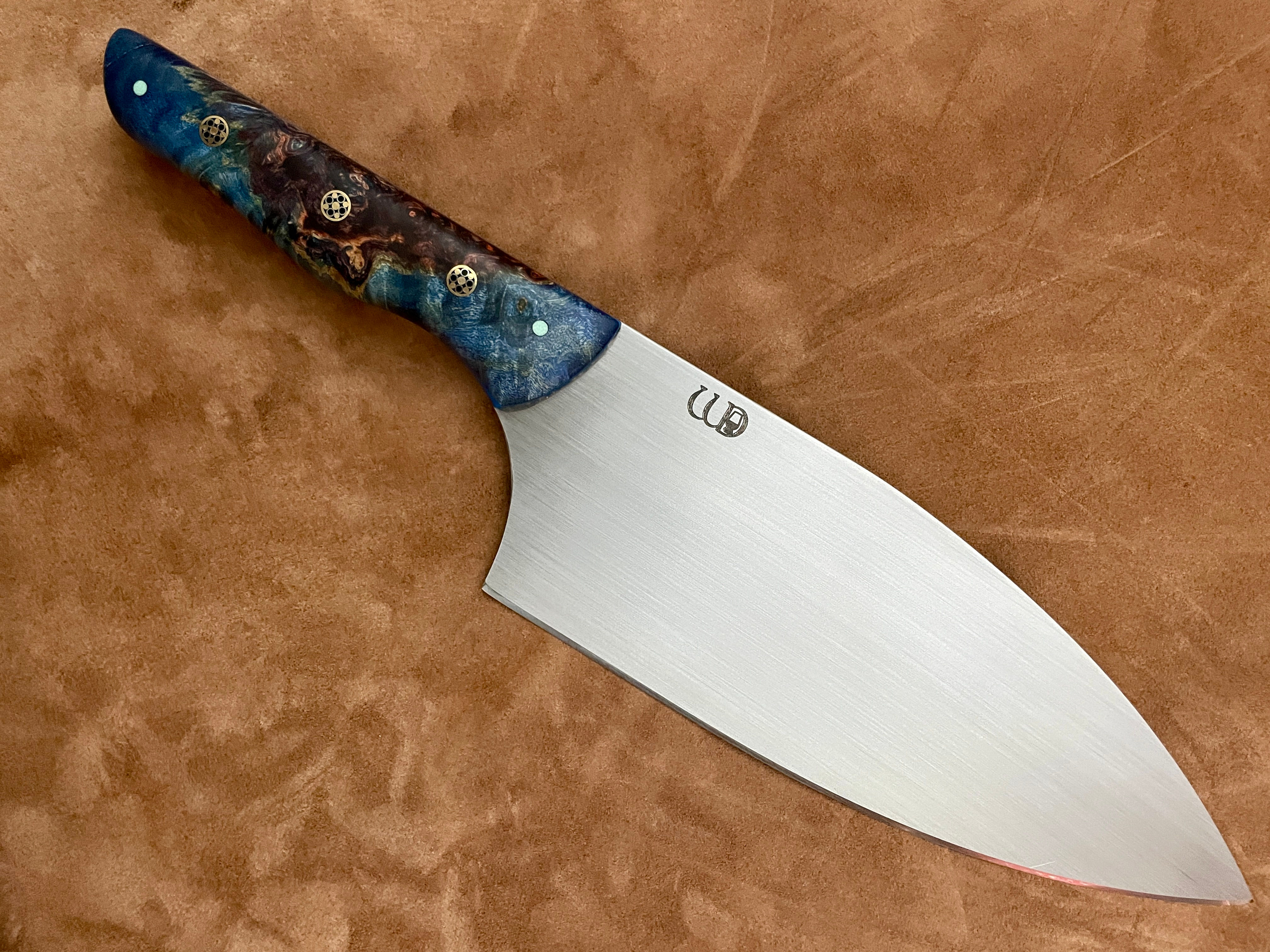 Dual wood Blue Box Elder and Blue Spalted Maple Burl 12” Chefs Knife