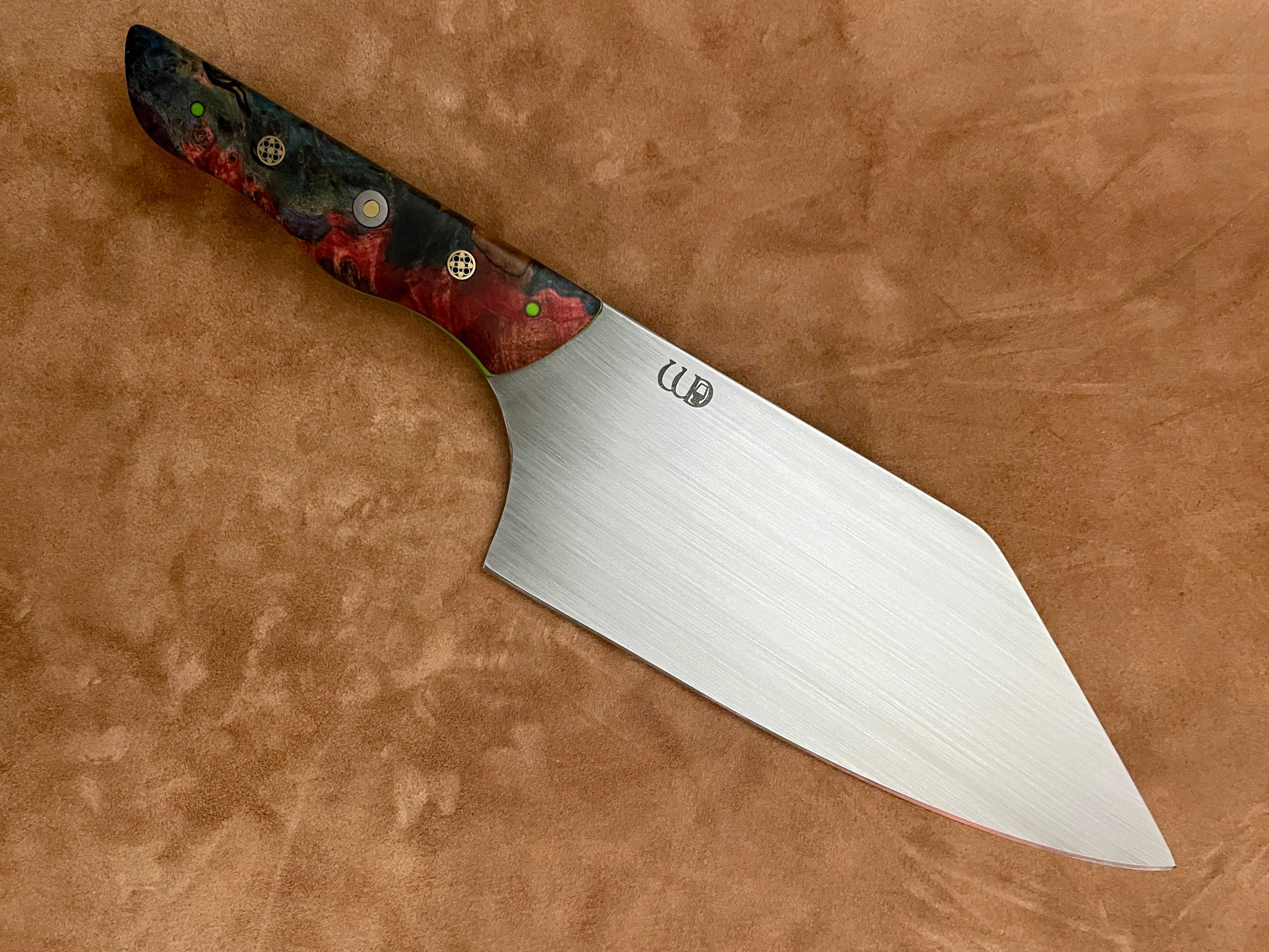 Blue and Red Spalted Maple Burl 12” Chefs Knife Wide Blade