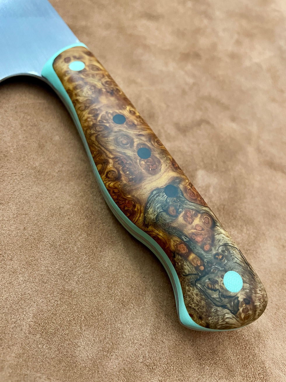 Thumbnail: Amboyna Burl Chefs Knife with Tiffany Blue liner