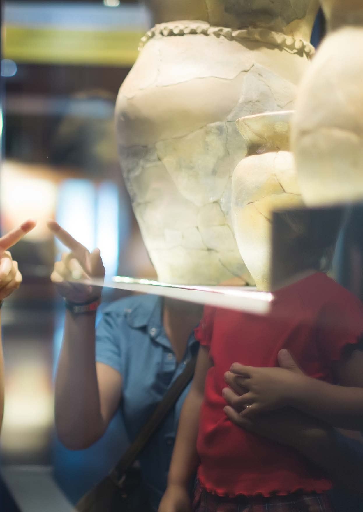 Visitors pointing at an ancient pot in a glass case