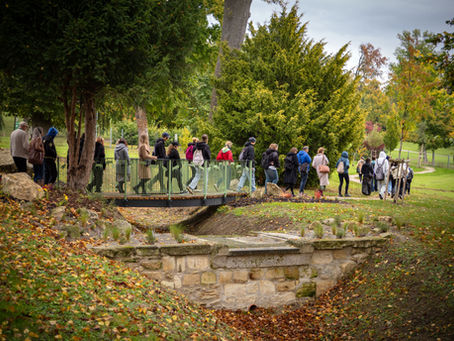 Gruppe von Menschen wandert durch den Schlosspark