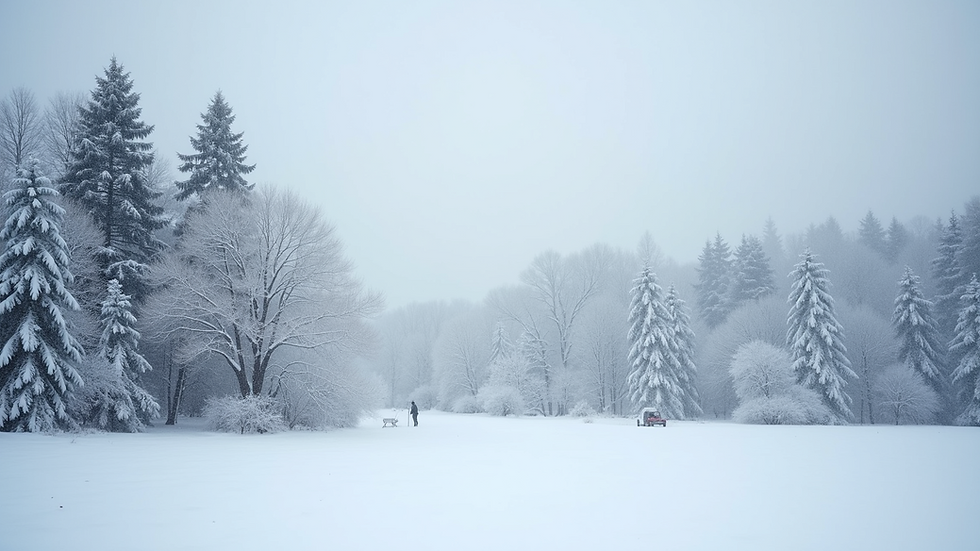 Wide angle view of a serene winter landscape with snow-covered trees