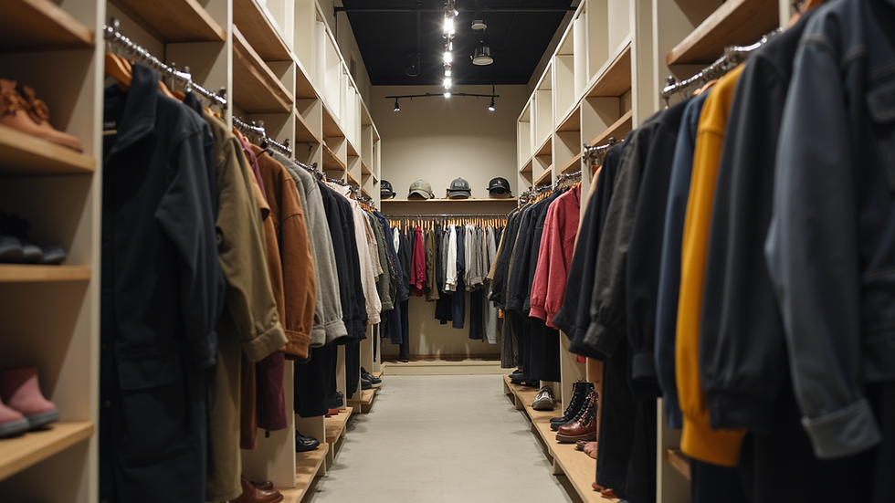 Eye-level view of a streetwear store showcasing layered urban outfits