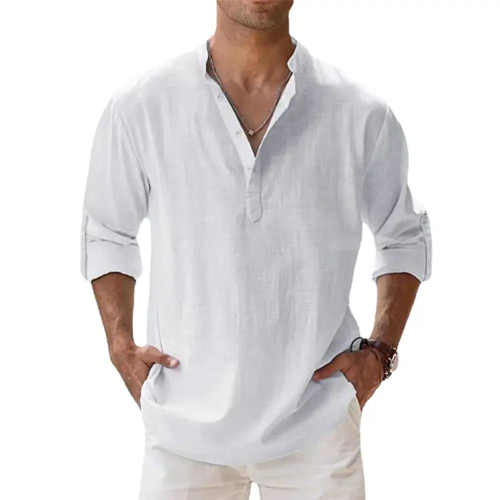 Cotton Linen Hot Sale Men's Long Sleeve Shirts Summer Solid Color Henley Collar