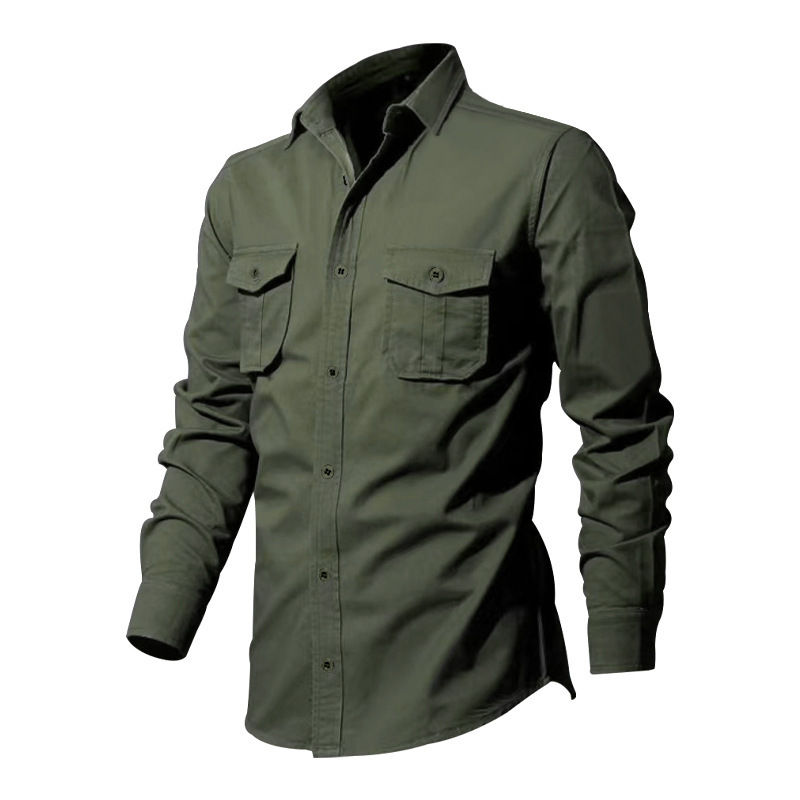 Thumbnail: Men Lapel Collar Long Sleeve Work Shirt Button Front Dual Chest Pockets Lightwei