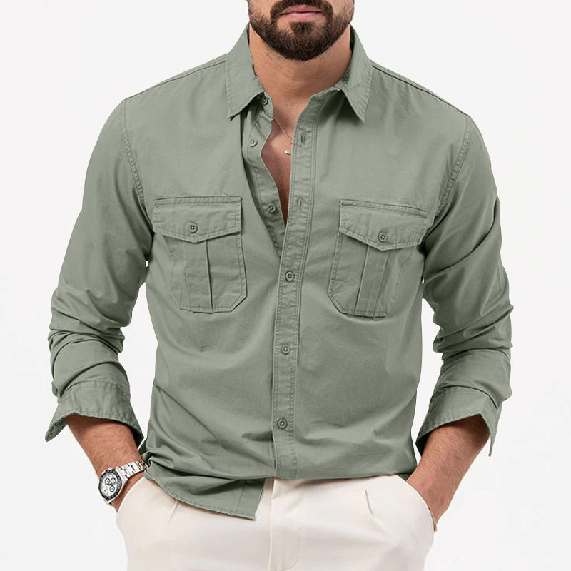 Thumbnail: Men Lapel Collar Long Sleeve Work Shirt Button Front Dual Chest Pockets Lightwei