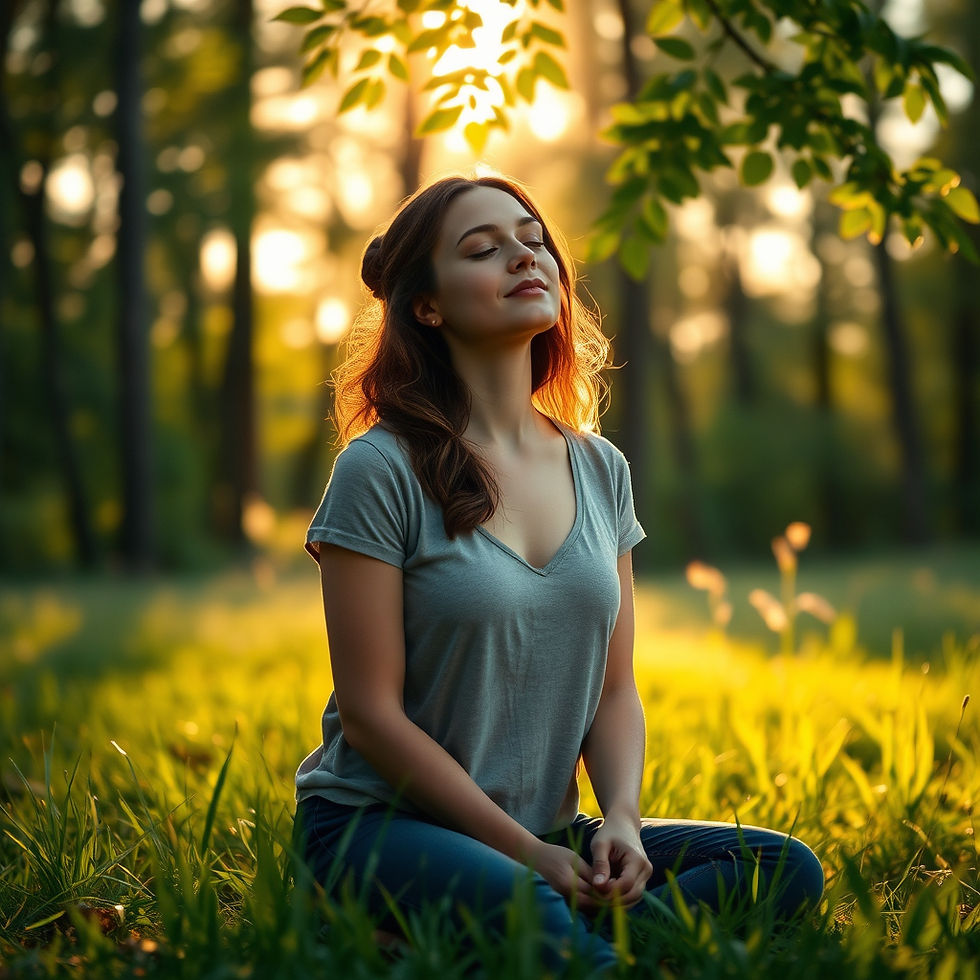 A woman sits in a sunlit forest, eyes closed and smiling peacefully. She's in a gray shirt, surrounded by green grass and soft golden light.
