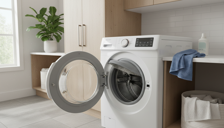 Eye-level view of a front-load washing machine with the rubber gasket pulled open for cleaning