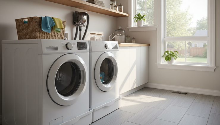 Wide-angle view of a clean laundry room with a dryer and cleaning supplies nearby