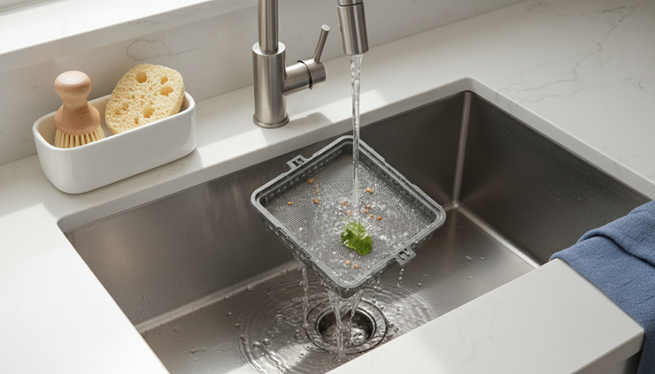 Overhead view of a dishwasher filter being rinsed in a kitchen sink