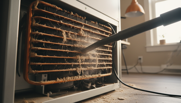Close-up of dusty refrigerator coils being cleaned with a narrow vacuum attachment