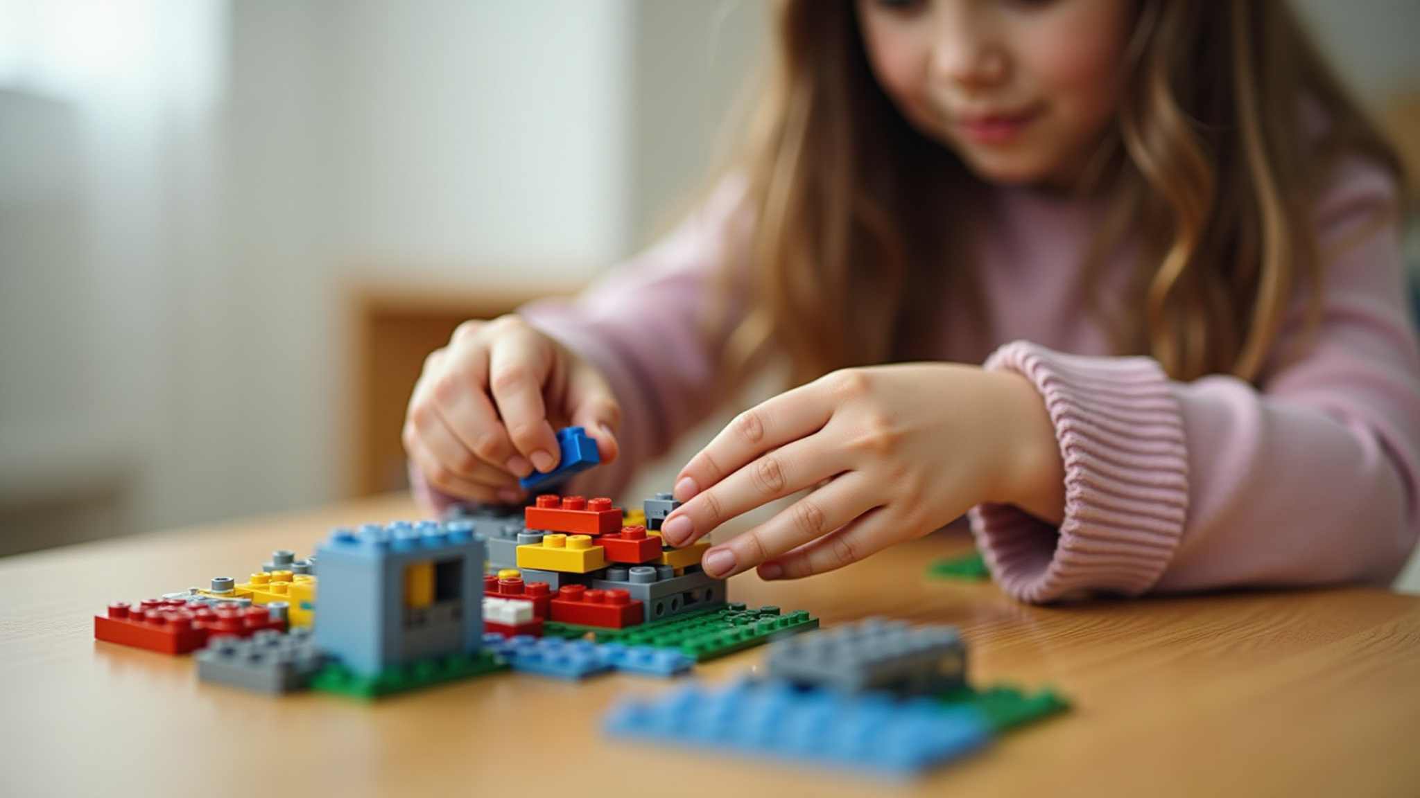 Mdächen baut ein Lego-Modell.