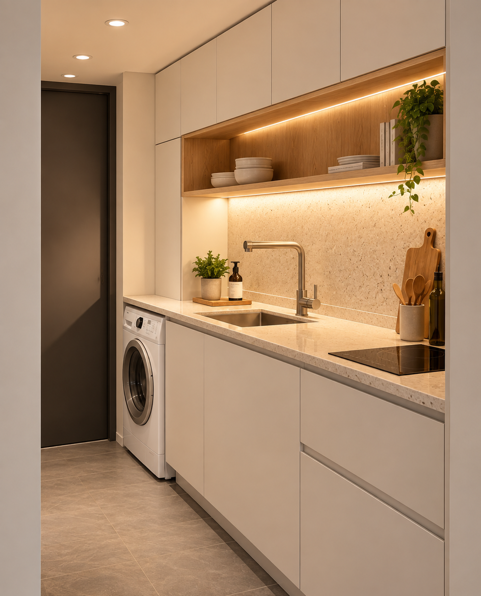 Cuisine compacte aux façades claires avec niche en bois et éclairage intégré à Agde
