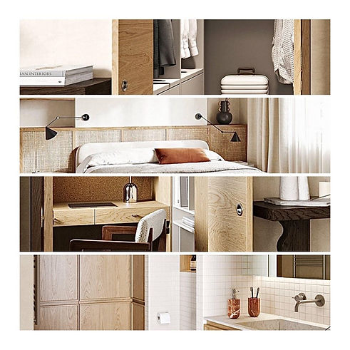 Montage de détails d’aménagement : dressing en bois, tête de lit et bureau près d’une fenêtre
