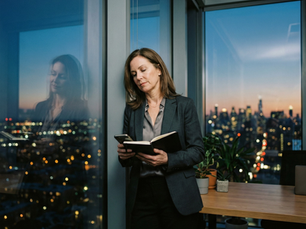 A thoughtful woman looking out a window at a city skyline, symbolizing an expat identity shift and the quiet recalibration between external success and inner alignment.