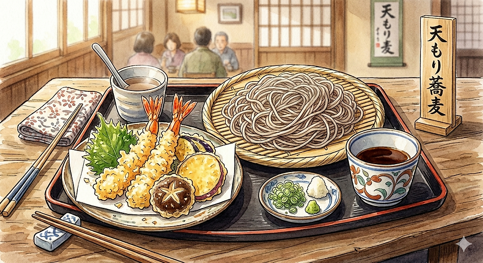 nano bananaで「天もりそば定食」のイラスト作ってもらいました。あくまで想像図です～。実際はエビは1本だね～。店の雰囲気も違う～