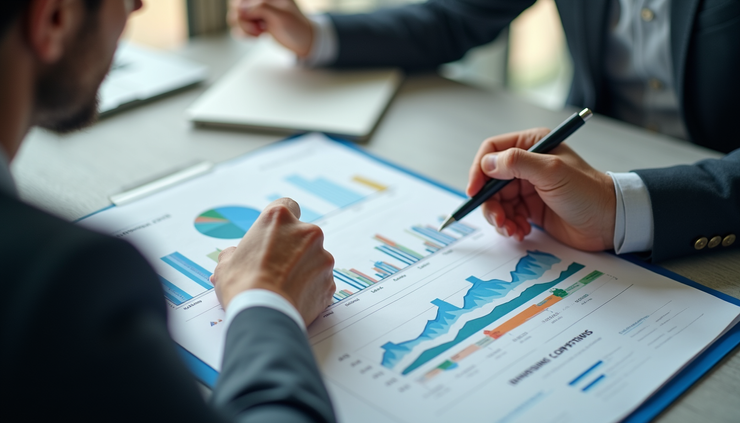 High angle view of a small business manager reviewing team performance charts