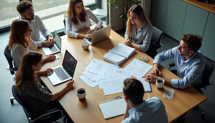 High angle view of a small team working together around a table with onboarding materials