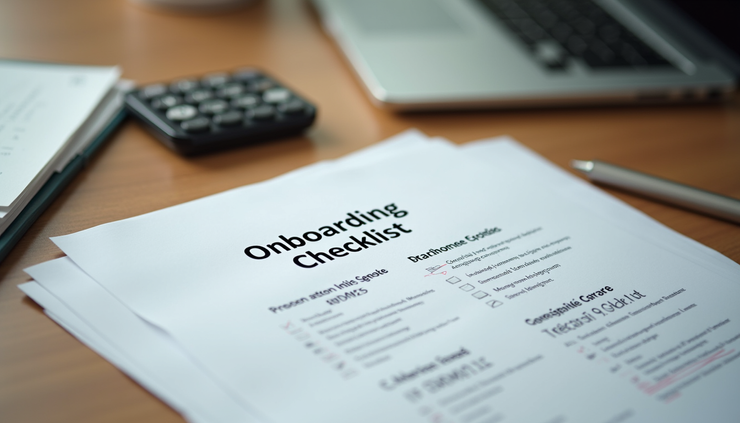 High angle view of a checklist and training materials laid out on a desk