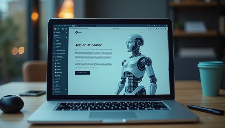 Eye-level view of a laptop screen showing a job posting draft with AI suggestions