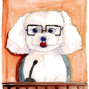 A painting of a fluffy white dog wearing black-rimmed glasses. She sits in the witness stand of a court room with a microphone in front of her. 