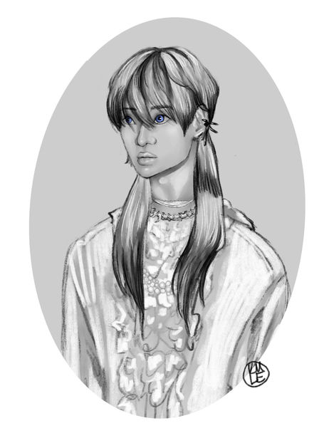 A black and white portrait of a young man with long hair. He is wearing a ruffled shirt.