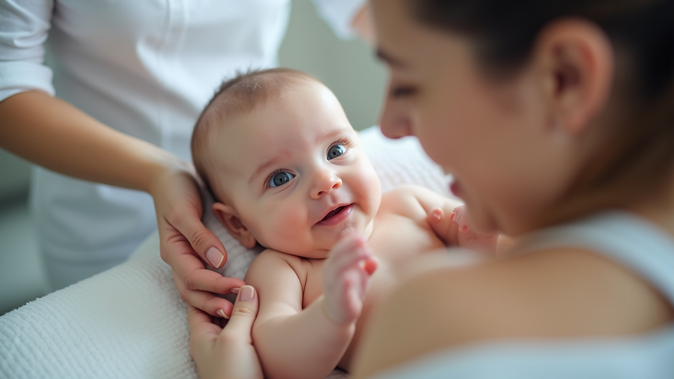 Nahaufnahme eines Babys, das sanft von einer Osteopathin behandelt wird, Kinderosteopathie in Köln