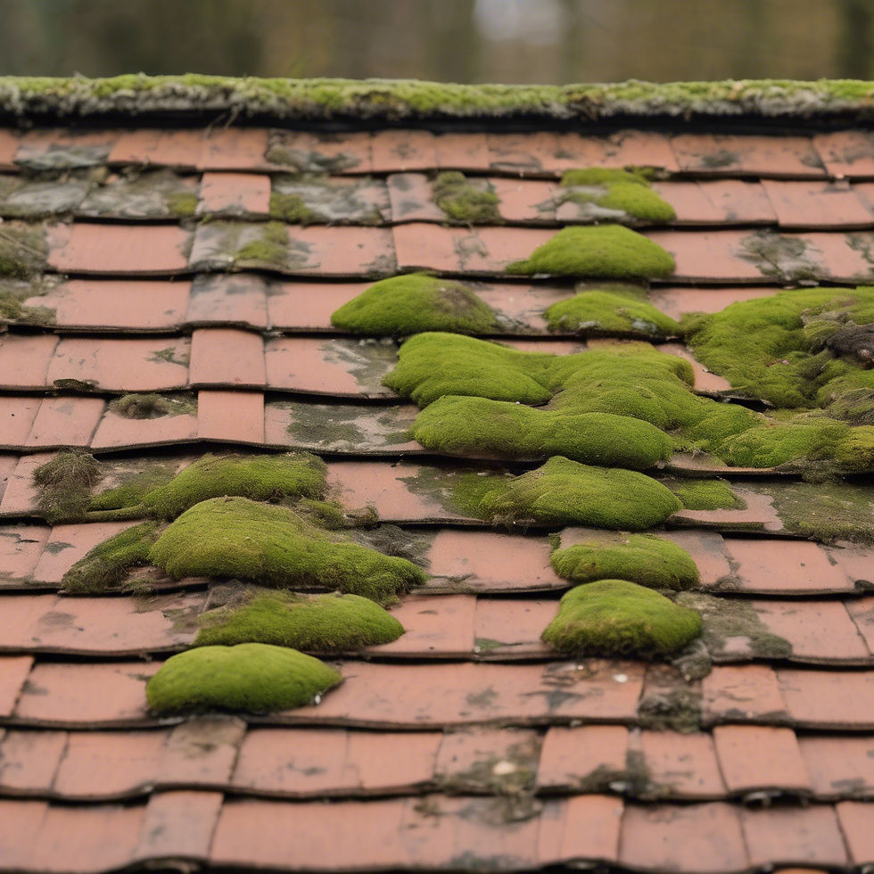 High angle view of a house with visible algae on the roof