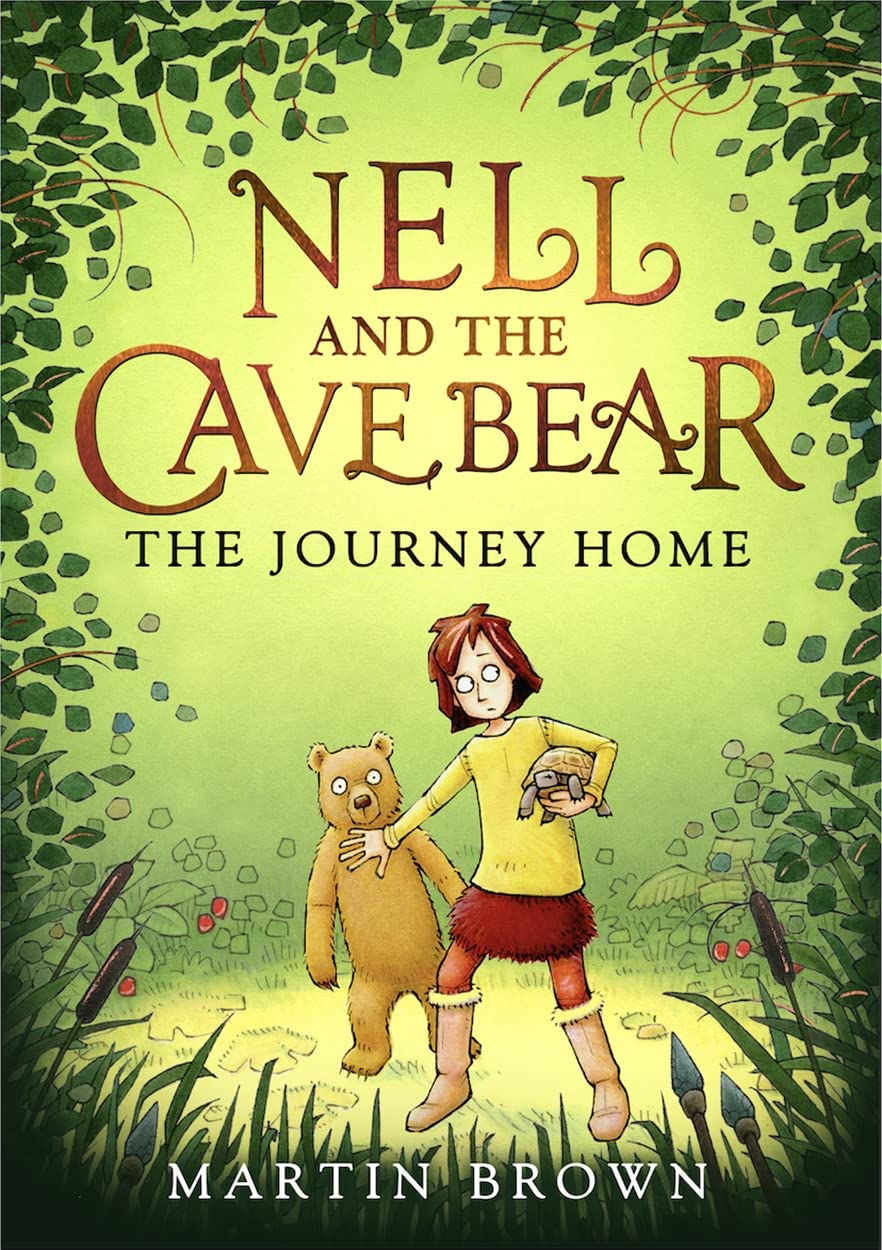 A girl and bear walk in a green forest, holding a turtle. The book title "Nell and the Cave Bear" and "The Journey Home" appear above.