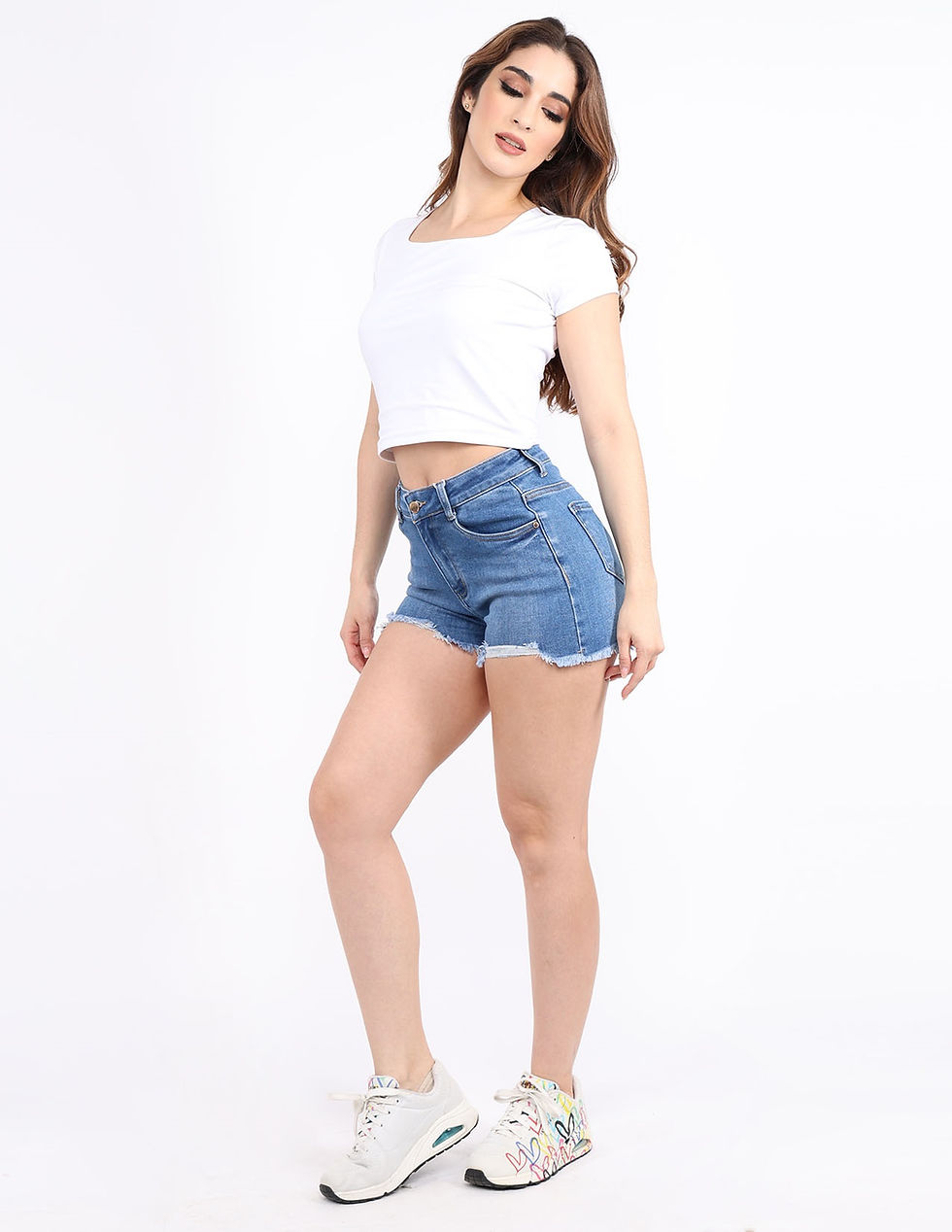 Thumbnail: Women’s High Waist Denim Shorts Frayed Hem Stretch Blue Casual Summer
