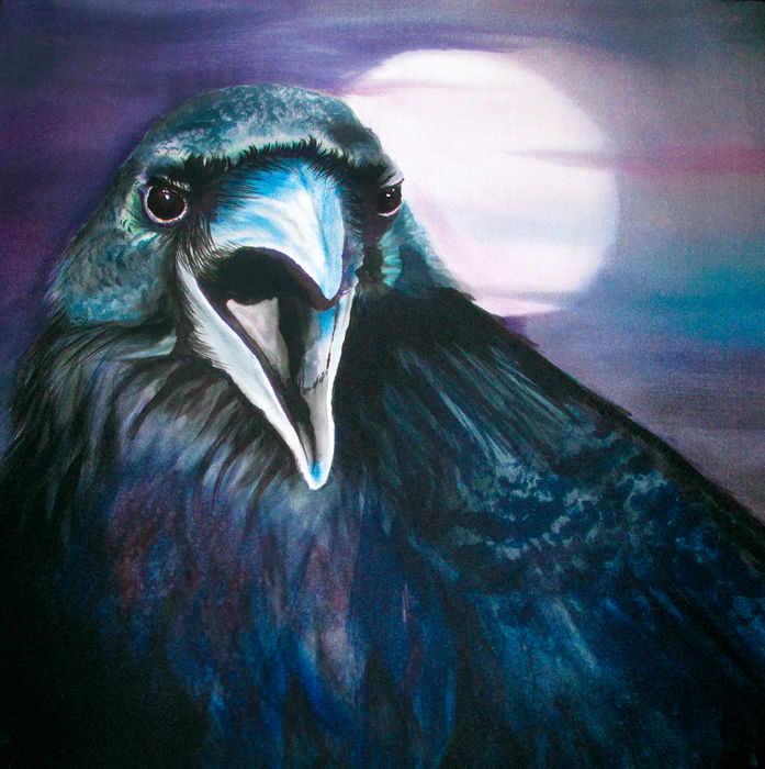 Painting of a crow with open beak, full moon, Nature's Veil Studio.