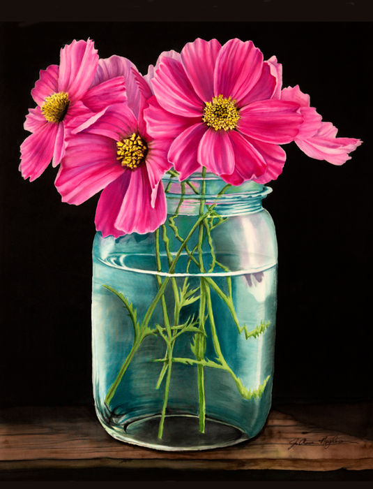 Pink cosmos flowers in a blue jar with water, on dark background.