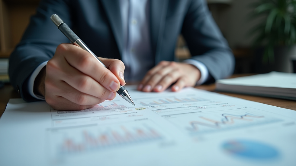 Close-up view of a business professional reviewing executive search documents