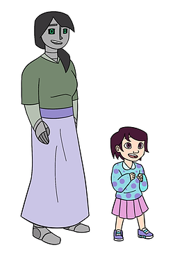 Two designs of a nanny android in a long skirt and a young girl in a blue and purple spotted sweater.