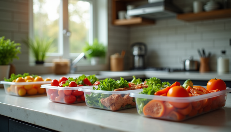 Eye-level view of a kitchen counter with healthy meal prep containers and fresh vegetables
