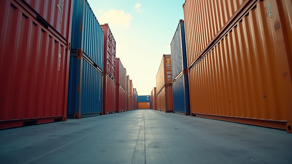 Eye-level view of a shipping container yard filled with colorful containers