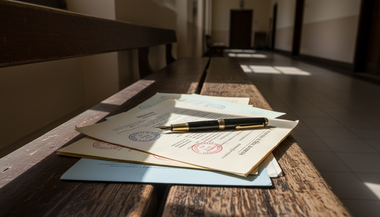Close-up view of stamped legal papers arranged on a wooden bench.