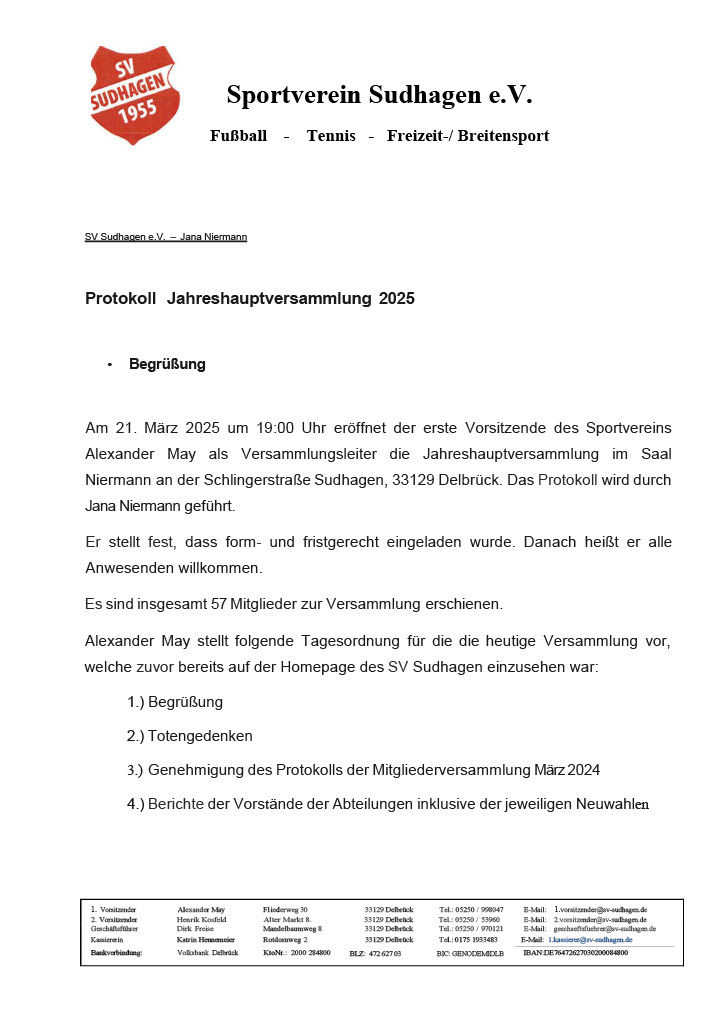 Protokoll der Jahreshauptversammlung vom 21.3.2025