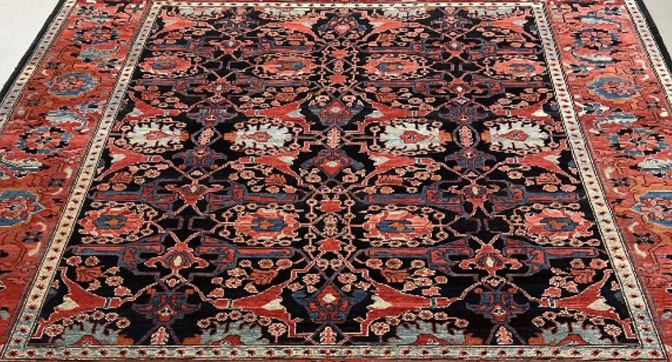 Thumbnail: This Oriental rug features an elaborate design in magnificent red color. black background, red borders.