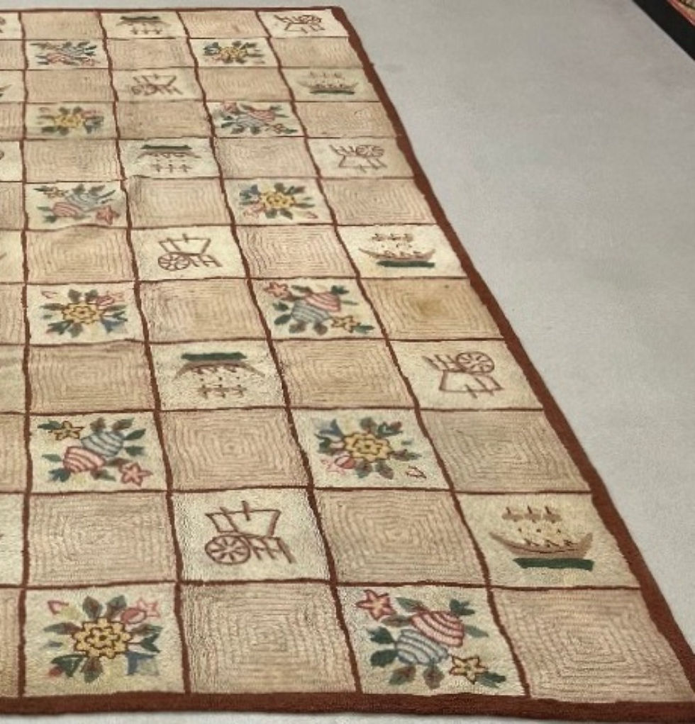 Thumbnail: Chinese rug originated in the 1950s. This Chinese rug features a mosaic design with florals and symbols.