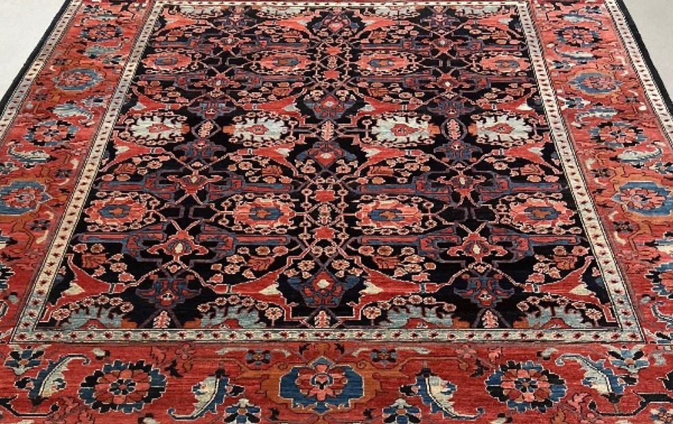Thumbnail: This Oriental rug features an elaborate design in magnificent red color. black background, red borders.