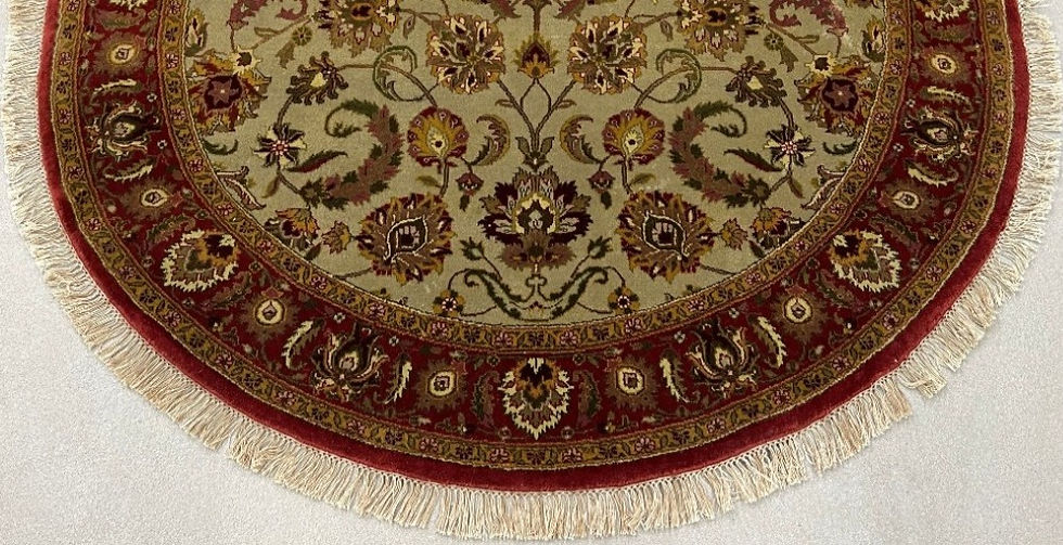 Thumbnail: This India rug features beautiful floral design, green background, red borders.