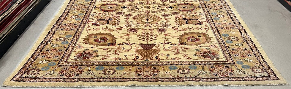 Thumbnail: This superfine Afghan rug features a beautiful symbolic design in soft beige colors.