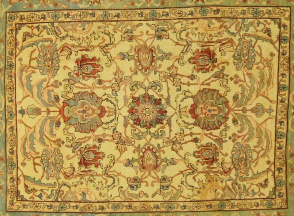 Thumbnail: Afghani Peshawar wool rug features an impressive motif in teal and gold colors.