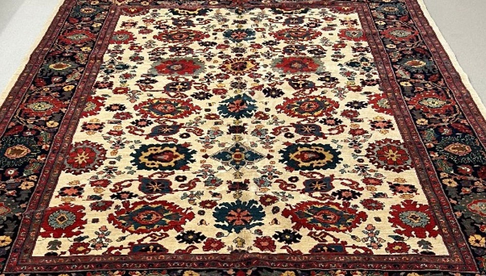 Thumbnail: This Persian rug features a beautiful floral design on ivory , dark borders.