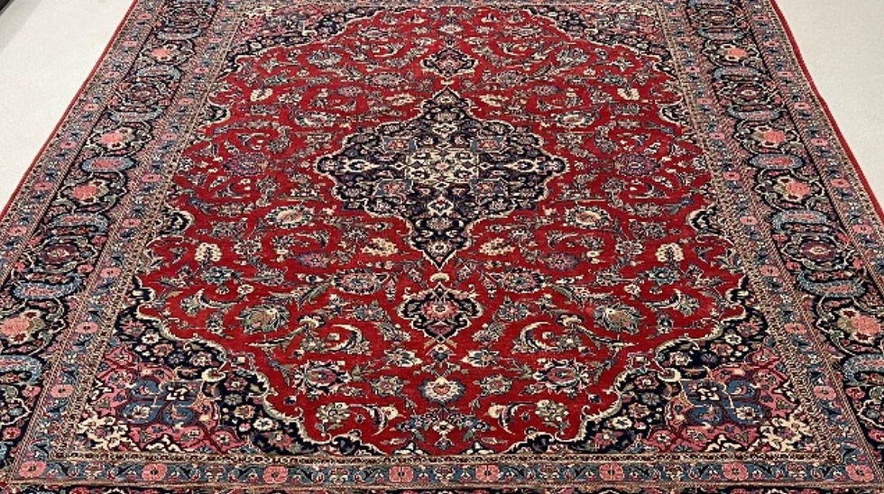 Thumbnail: This Antique Persian rug features an elegant medallion design in soft red color, red background, blue borders.